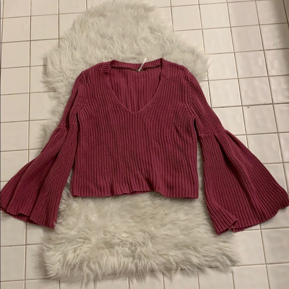 Free People Damsel Pink Bell Sleeve Knit Sweater - Picture 3 of 7